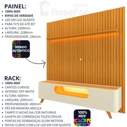 Painel e Rack Nobre Ripado com LED Pés de Madeira 230 Naturale Off White - Gelius - 2