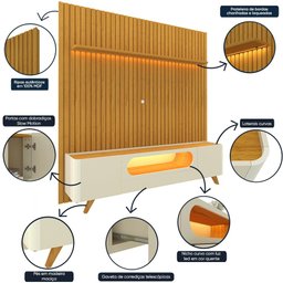 Painel e Rack Nobre Ripado com LED Pés de Madeira 230 Naturale Off White - Gelius - 5