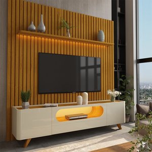 Painel e Rack Nobre Ripado com LED Pés de Madeira 230 Naturale Off White - Gelius
