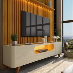 Painel e Rack Nobre Ripado com LED Pés de Madeira 230 Naturale Off White - Gelius - 4