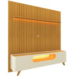 Painel e Rack Nobre Ripado com LED Pés de Madeira 230 Naturale Off White - Gelius - 3