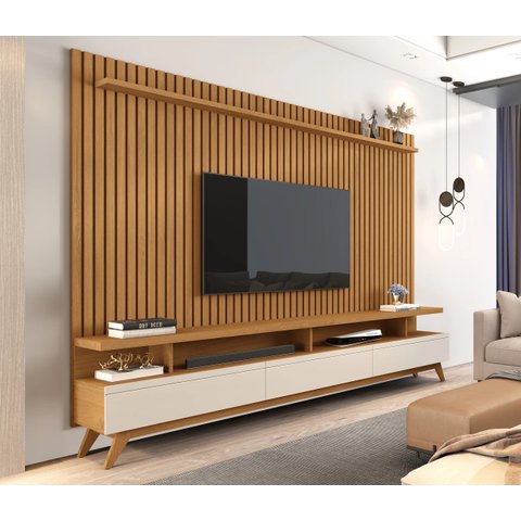 Rack com Painel Ripado para Tv 86 Polegadas Pés em Madeira Maciça Vivare