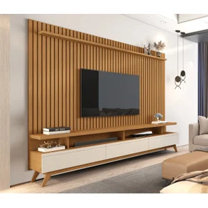 Rack com Painel Ripado para Tv 86 Polegadas Pés em Madeira Maciça Vivare