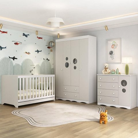 Quarto de Bebê Completo com Berço Americano 3 em 1 Sonho Multimóveis Mp4615 Branco/off White