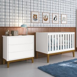 Jogo de Quarto Infantil Cômoda 3 Gavetas e Berço Classic Branco Fosco com Pés Amadeirado - Reller Mó - 2