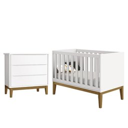 Jogo de Quarto Infantil Cômoda 3 Gavetas e Berço Classic Branco Fosco com Pés Amadeirado - Reller Mó - 1