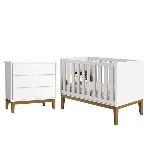 Jogo de Quarto Infantil Cômoda 3 Gavetas e Berço Classic Branco Fosco com Pés Amadeirado - Reller Mó