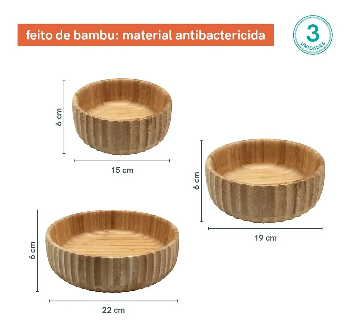 Ver imagem 2 de Bowl Canelado De Bambu kit C 3 Pequeno Médio Grande