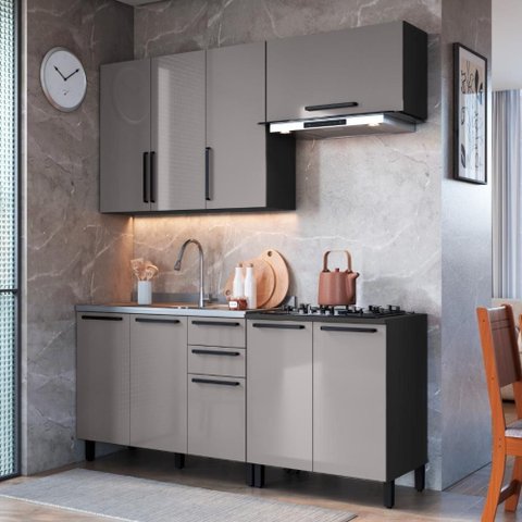 Cozinha Modulada Compacta Fidelitá Mônaco 4 Peças 200cm 9 Portas 2 Gavetas sem Tampo Chumbo/titâ