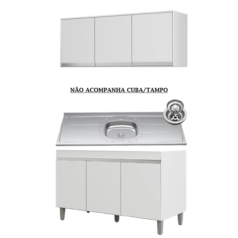 Kit de Cozinha 2 Peças Balcão Manu 120mt e Armário Aéreo Andréia Branco Ajl