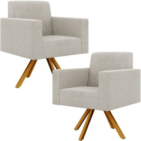 Kit 02 Poltronas Giratórias Sala de Estar Base de Madeira Helô L02 Bouclê Creme - Lyam Decor