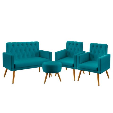 Kit Poltrona Namoradeira e 2 Poltronas Vega Capitonê com Puff Solar Suede Azul Turquesa Aradecor