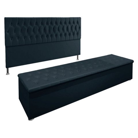 Kit Cabeceira e Calçadeira Baú King 1,95m Madrid Suede - Pallazio Azul Marinho