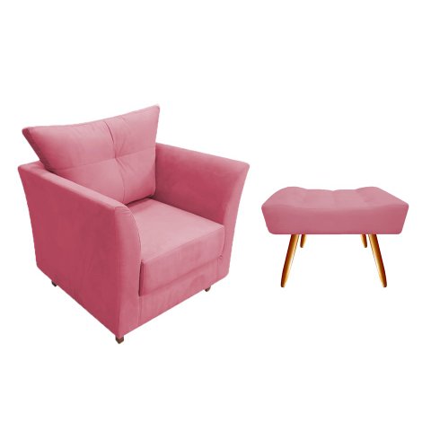 Kit Poltrona Decorativa Isis + Puff Retangular Suede Rosa Pés Madeira Mz Decor