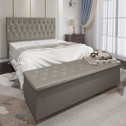 Conjunto Cabeceira Casal e Recamier Baú 1,40m Madrid Suede Bege Dal Poz Estofados