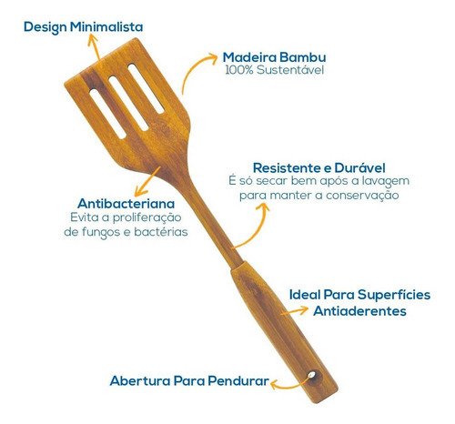 Espátula de Cozinha Vazada Bambu Natural Multiuso 35cmcolher - 3