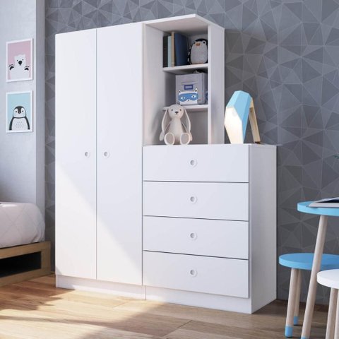Guarda Roupas Infantil 2 Portas e Cômoda 4 Gavetas Montessoriano Branco Art In Móveis