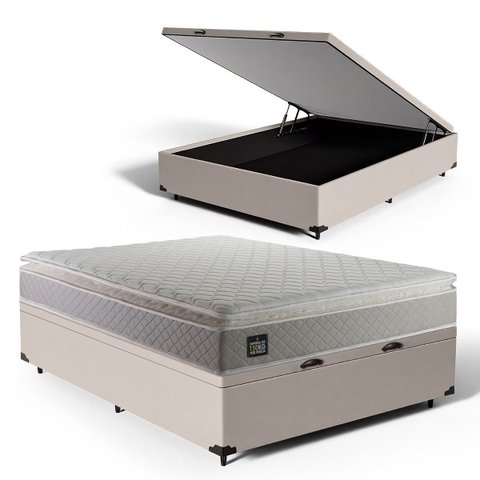 Cama Box Baú com Colchão de Espuma D45 Pillow Top Strong + 2 Trav Casal 138cm