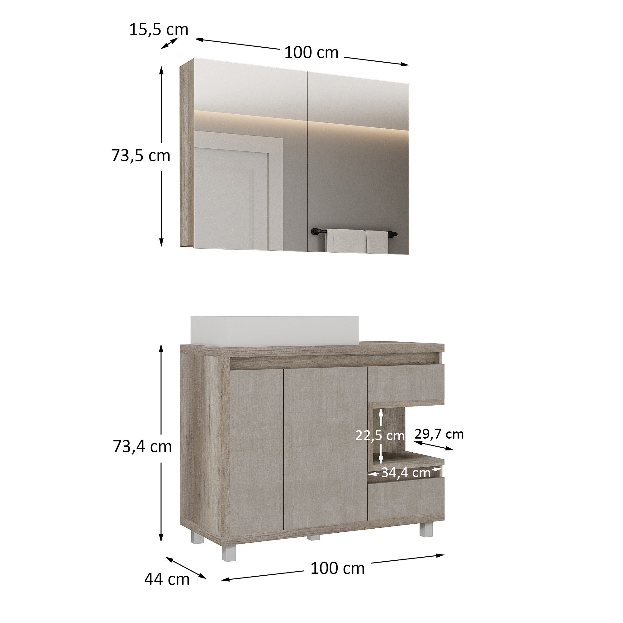 Gabinete para Banheiro com Cuba e Armário com Espelho 100cm Malbec  - 5