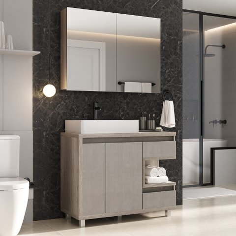 Gabinete Para Banheiro com Cuba e Armário com Espelho 100cm Malba