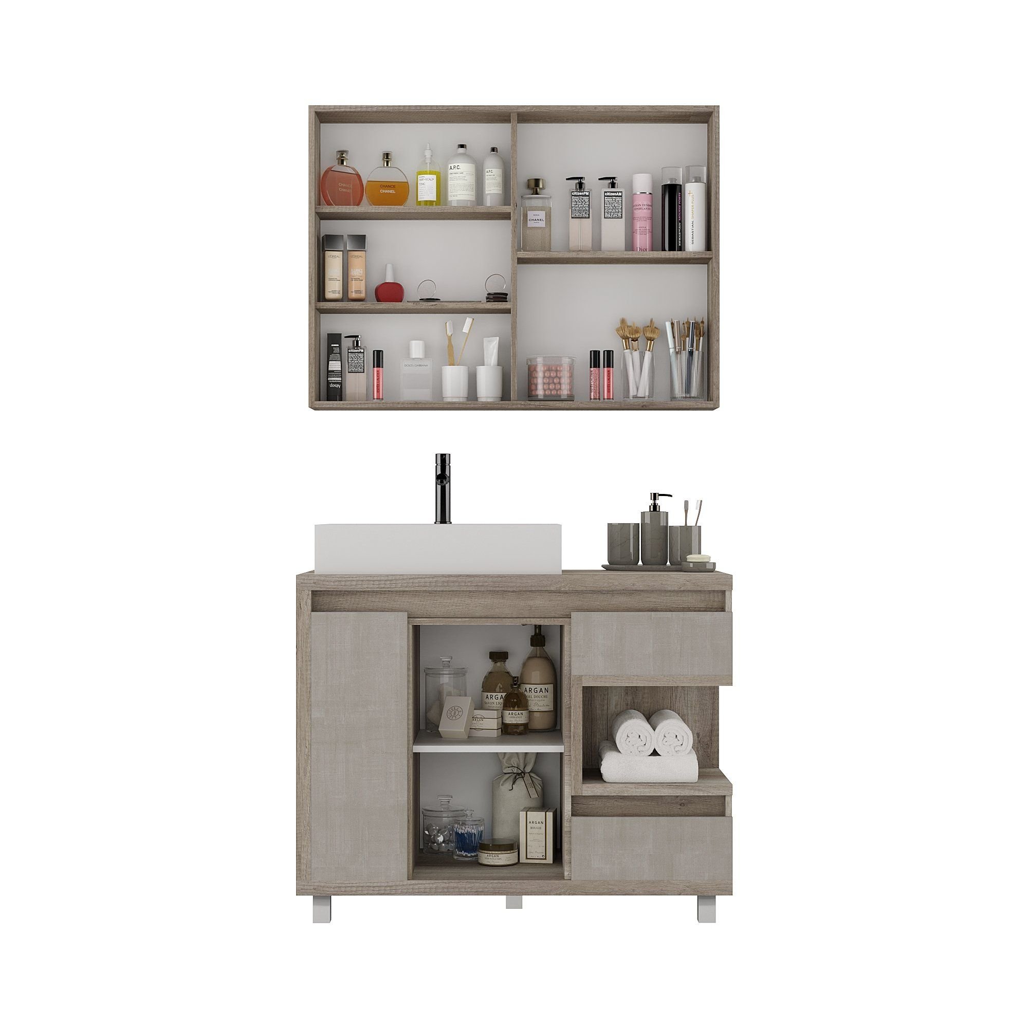 Gabinete para Banheiro com Cuba e Armário com Espelho 100cm Malbec  - 4