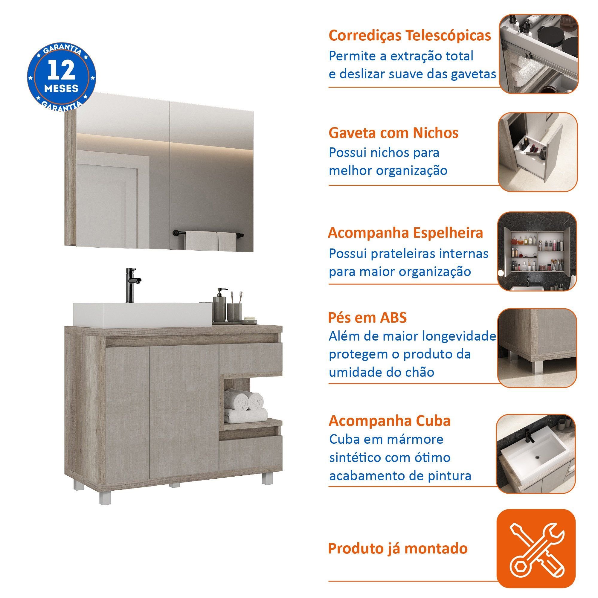 Gabinete para Banheiro com Cuba e Armário com Espelho 100cm Malbec  - 5