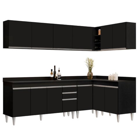 Armário de Cozinha Modulado de Canto 6 Peças Cp32 Balcão com Tampo Preto - Lumil