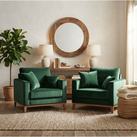 Kit 2 Poltronas Beny Decorativa com 2 Almofadas Veludo Verde Base em Madeira Maciça
