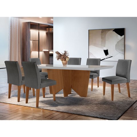 Sala de Jantar Mesa Evora 180 Mdf Vidro Canto Reto com 6 Cadeiras Grecia Rufato