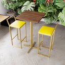 Ver imagem 1 de Jogo Mesa Alta Bistrô Quadrada Imbuia 2 Banquetas Estofado Amarelo Confort Dourado Don Castro
