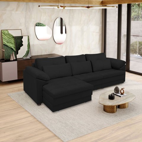 Sofá Retrátil Manual Sala de Estar Nolan Bipartido 297cm Conforto Premium em Couro Preto G58 - Gran 