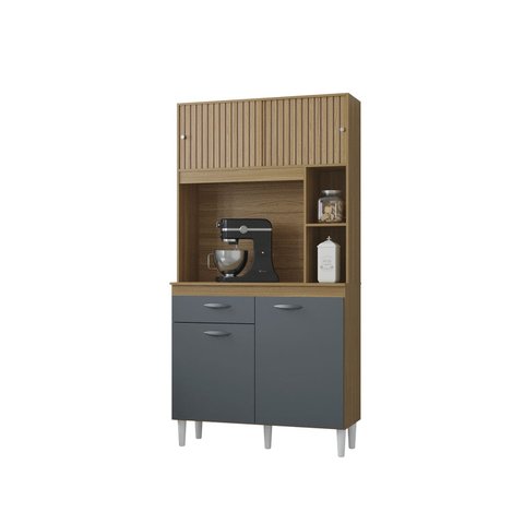 Cozinha Compacta Armário Organizador Duda 90cm com Gaveta - Damasco/ripado Cinza