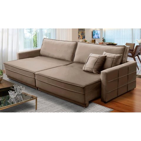 Sofá Cama Retrátil e Reclinável 2,10m com Molas Karen Veludo Cappuccino Adonai Estofados