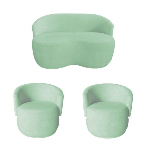 Kit Namoradeira + 2 Poltronas Decorativa Beatriz Orgânica Veludo Acqua