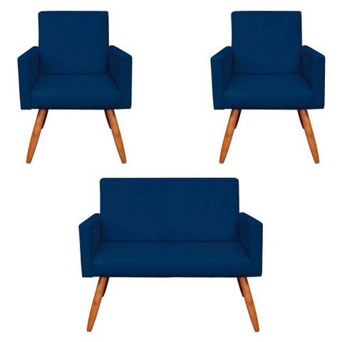 Kit 2 Poltronas e Namoradeira Nina Suede Azul Marinho
