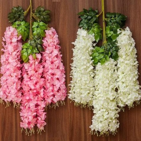 12 Glicinas Artificials Trepadeira Realista Flores Folhagem:Rosa e Branco