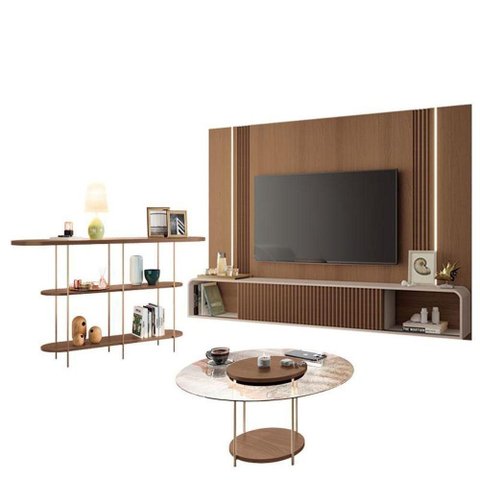 Home Suspenso Empire Castanho Off White e Aparador Infinity e Mesa de Centro Sky com Tampo de Vidro