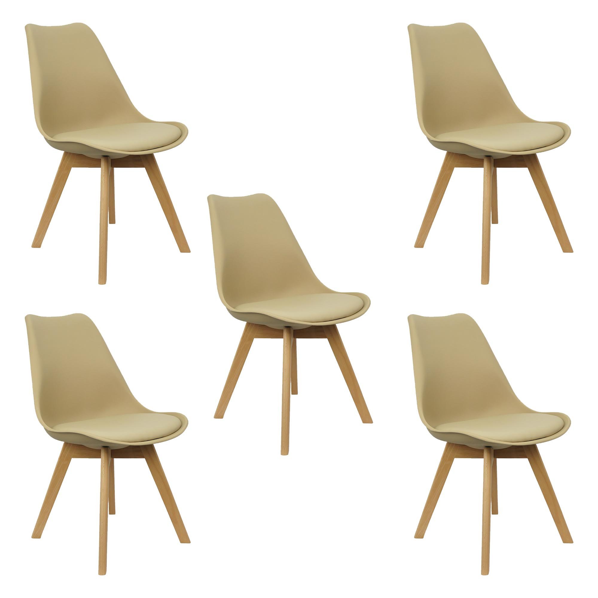 Kit 5 Cadeiras Charles Eames Leda Luisa Saarinen Design Wood Estofada Base Madeira - Bege