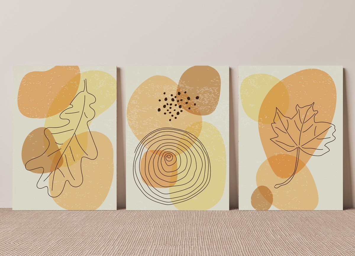 Kit de 3 Quadros Decorativos Boho Abstrato Amarelo Floral