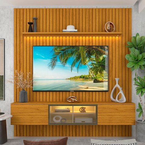 Estante para TV e Home Theater Ripado para TV até 84 Polegadas com LED 100% MDF 228,8CMX250CM Ripada 3 Portas com LED Nobre Luminare