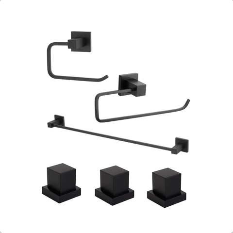 Kit Acessorios de Banho Lavatorio + Acabamentos Quadrado Preto Fosco