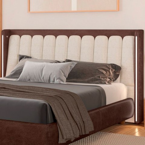 Cabeceira Casal com LED Yeon Courino Marrom / Linho Off White - Sallar Home