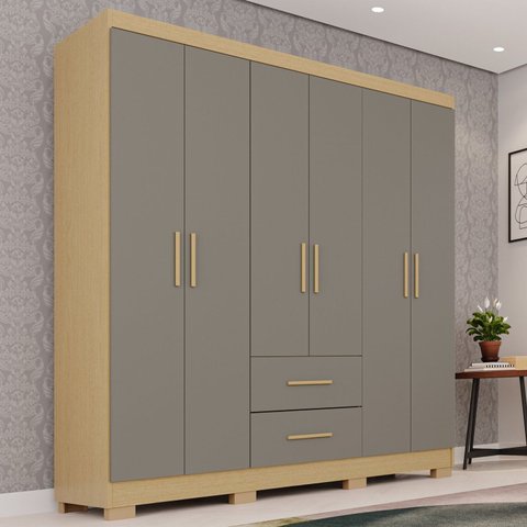 Guarda-Roupa Solteiro 6 Portas 2 Gavetas Cinza Jequitibá/Granizo Estrela Premium