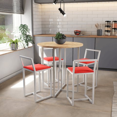 Conjunto Mesa Redonda Pinus 4 Cadeiras Pequena Estofado Industrial White