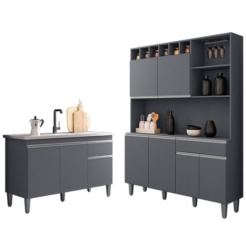 Cozinha Compacta Alice e Balcão Gabinete Sem Tampo Tatiane 120cm Cinza - AJL Móveis