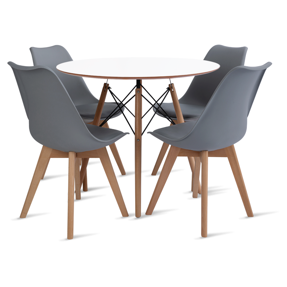 Conjunto Eames Mesa Branca 90cm e 4 Cadeiras Leda Cinza