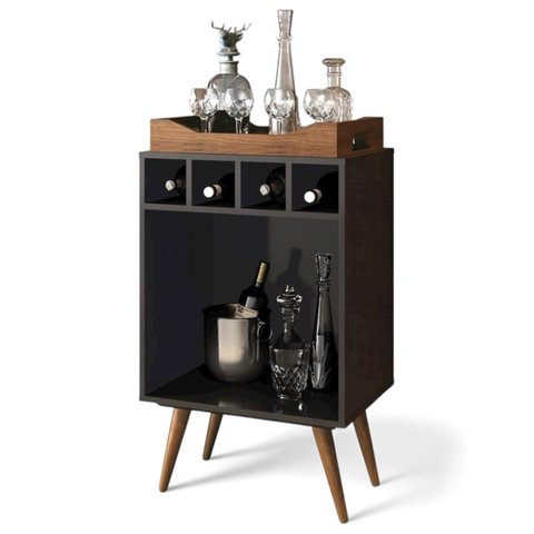 Mini Adega Barzinho Bar Pub com Bandeja – Preto/madeira