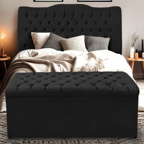 Kit Cabeceira e Calçadeira Baú Dunas Queen 160 Cm - Veludo Preto