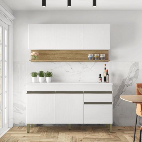 Kit Balcão de Pia com Tampo e Aereo 150 Cm 6 Portas 1 Gaveta Line - Supremo/supremo/cp-freijó