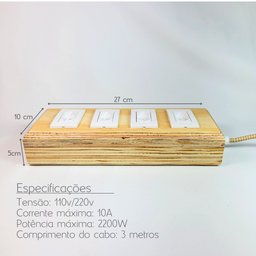 Extensão Madeira Régua Elétrica 4 Tomadas Branca - 3
